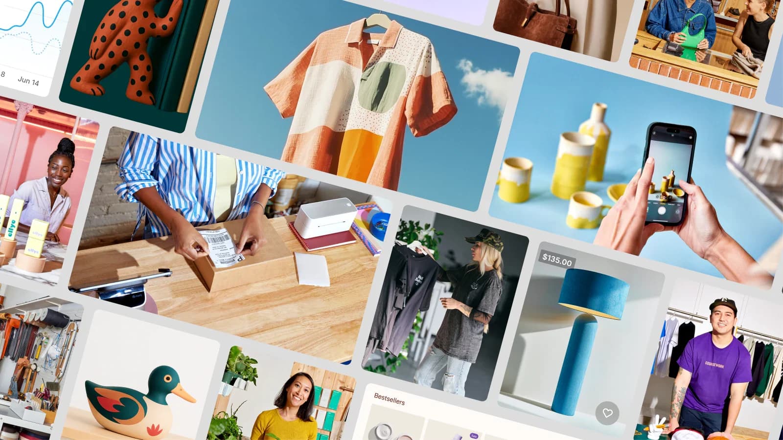 Collage van productfoto's en een order die wordt ingepakt